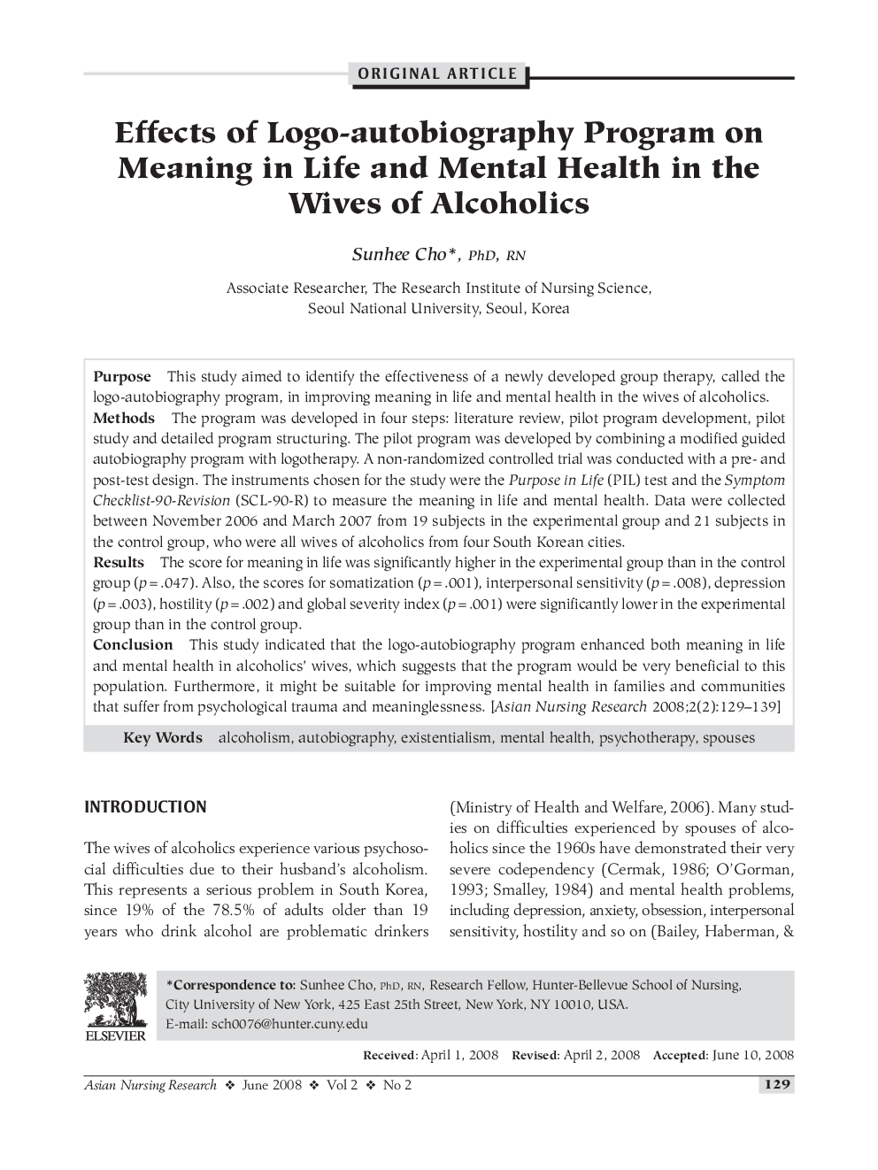 Effects of Logo-autobiography Program on Meaning in Life and Mental Health in the Wives of Alcoholics
