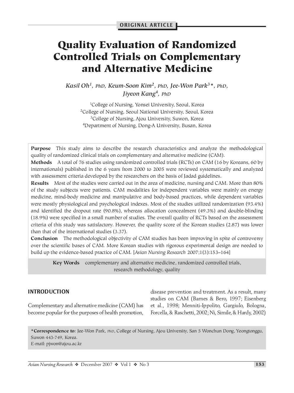 Quality Evaluation of Randomized Controlled Trials on Complementary and Alternative Medicine