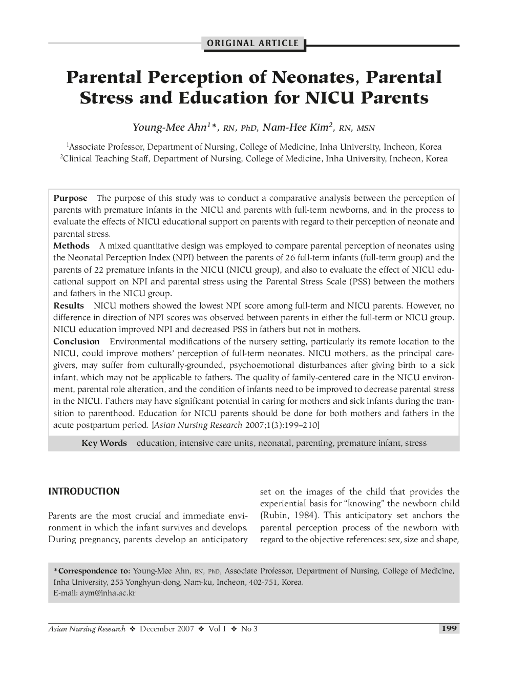 Parental Perception of Neonates, Parental Stress and Education for NICU Parents