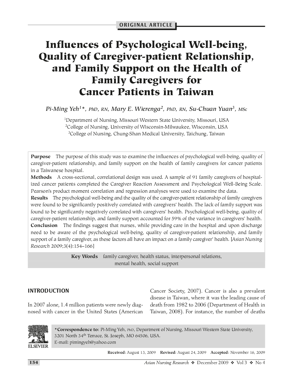 Influences of Psychological Well-being, Quality of Caregiver-patient Relationship, and Family Support on the Health of Family Caregivers for Cancer Patients in Taiwan