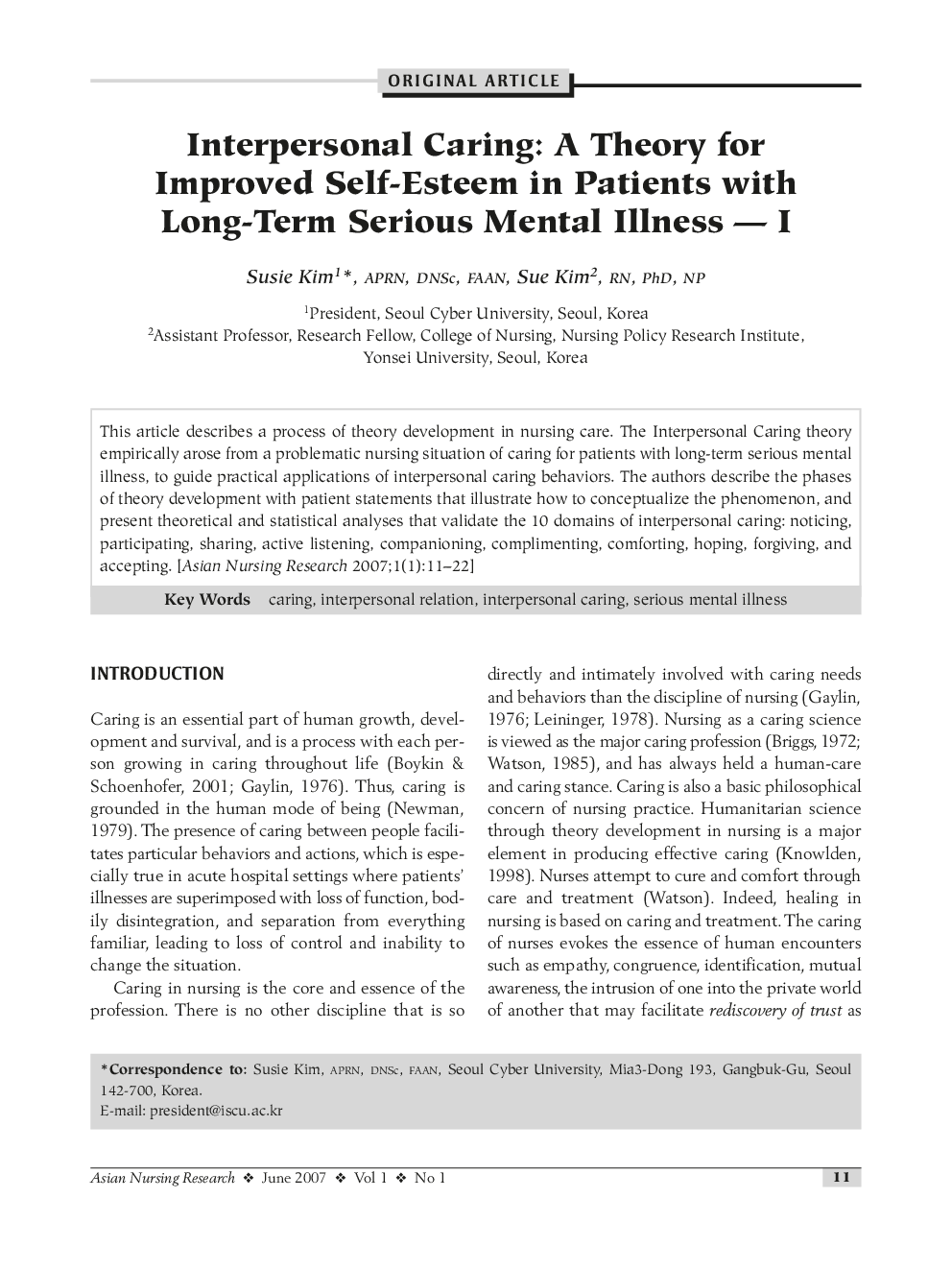 Interpersonal Caring: A Theory for Improved Self-Esteem in Patients with Long-Term Serious Mental Illness – I