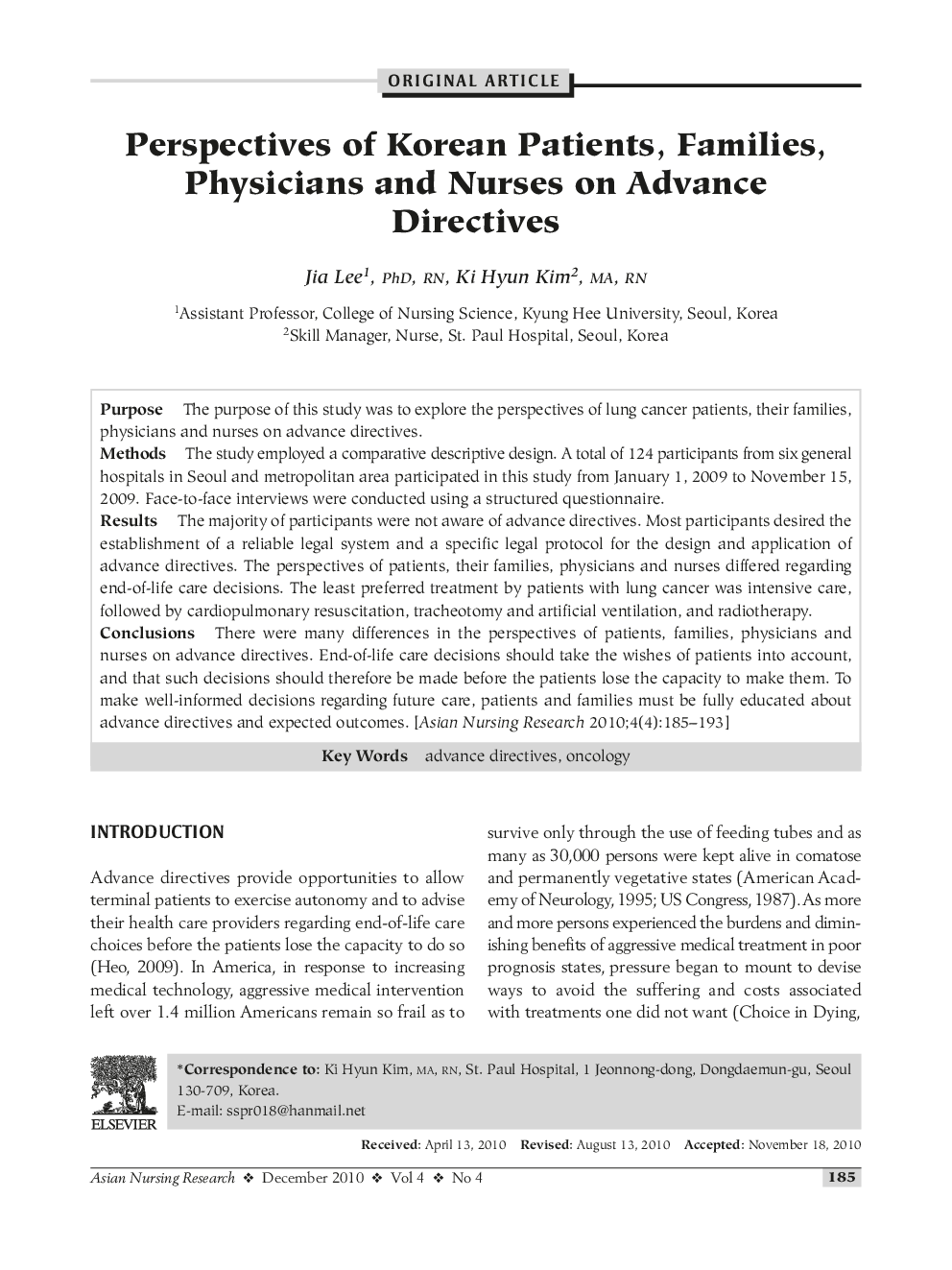 Perspectives of Korean Patients, Families, Physicians and Nurses on Advance Directives