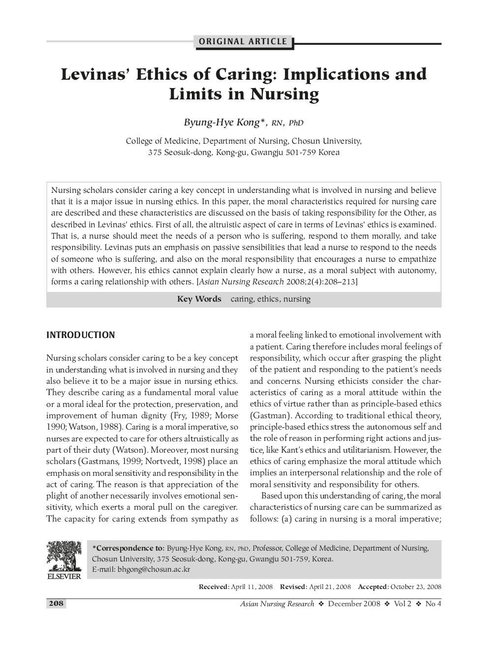 Levinas' Ethics of Caring: Implications and Limits in Nursing
