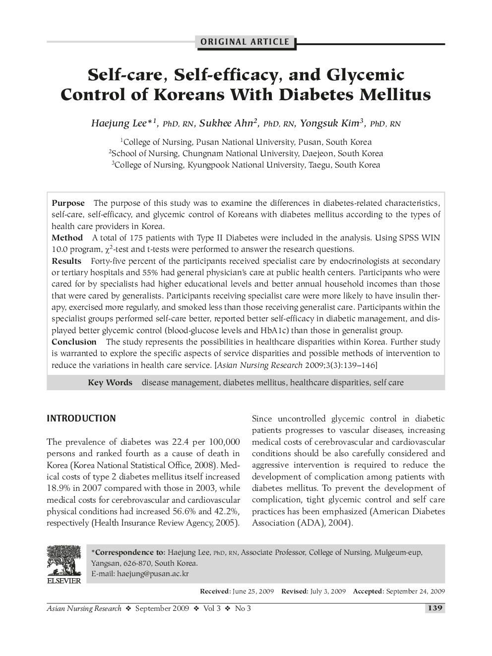 Self-care, Self-efficacy, and Glycemic Control of Koreans With Diabetes Mellitus