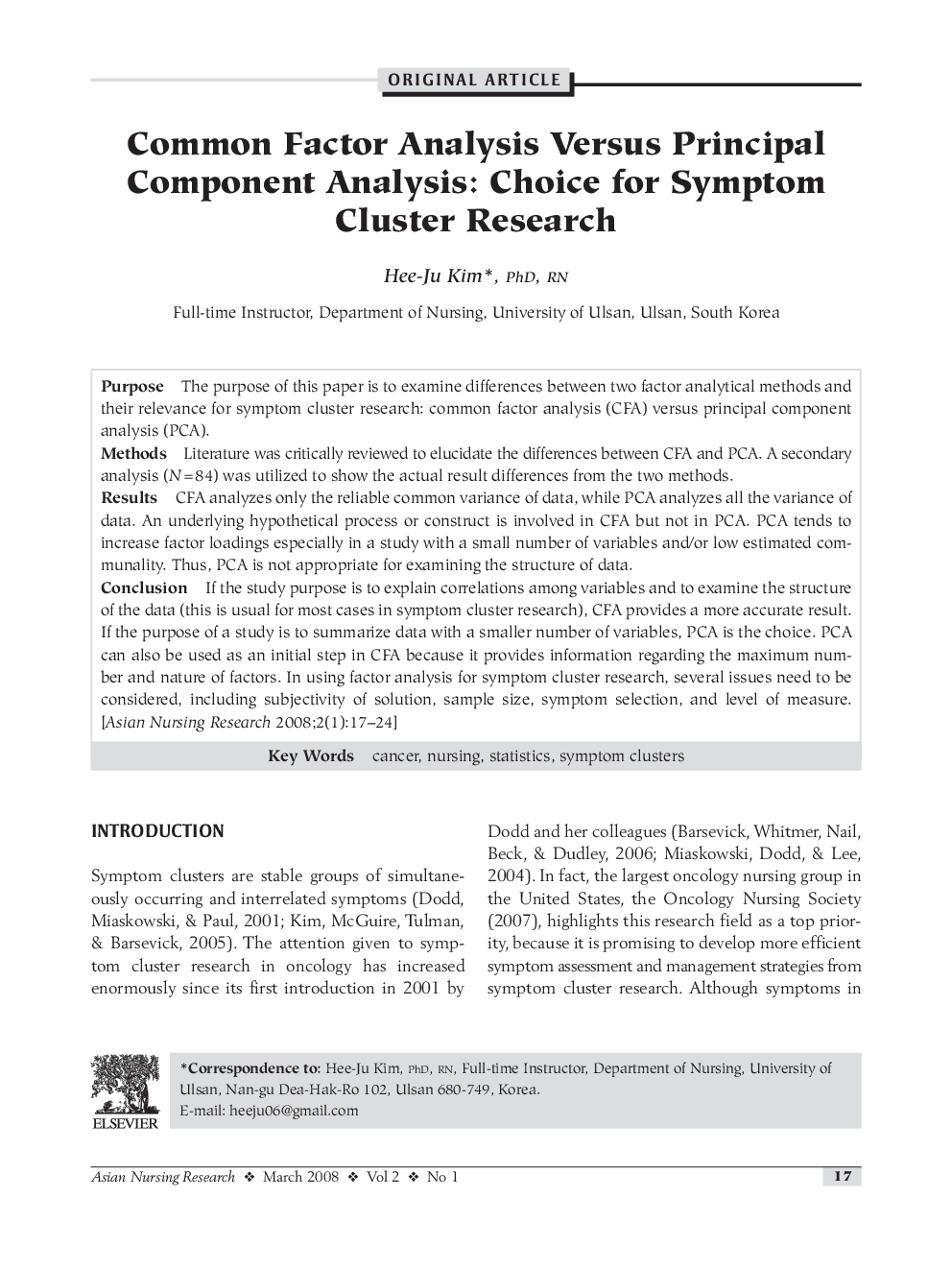 Common Factor Analysis Versus Principal Component Analysis: Choice for Symptom Cluster Research