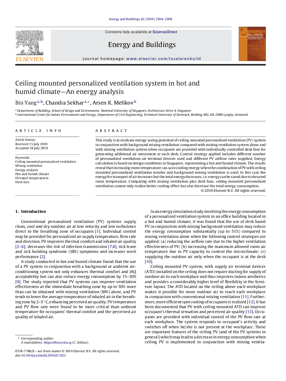 Ceiling mounted personalized ventilation system in hot and humid climate—An energy analysis