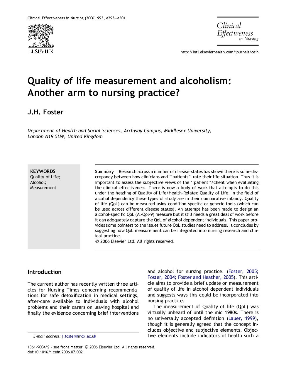 Quality of life measurement and alcoholism: Another arm to nursing practice?