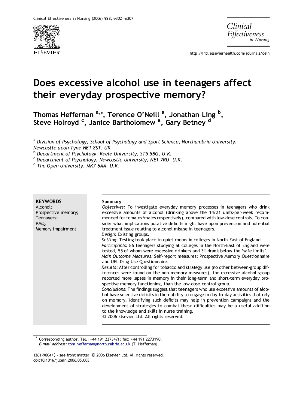 Does excessive alcohol use in teenagers affect their everyday prospective memory?