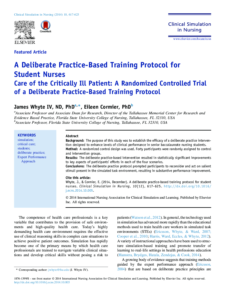 A Deliberate Practice-Based Training Protocol for Student Nurses: Care of the Critically Ill Patient: A Randomized Controlled Trial of a Deliberate Practice-Based Training Protocol