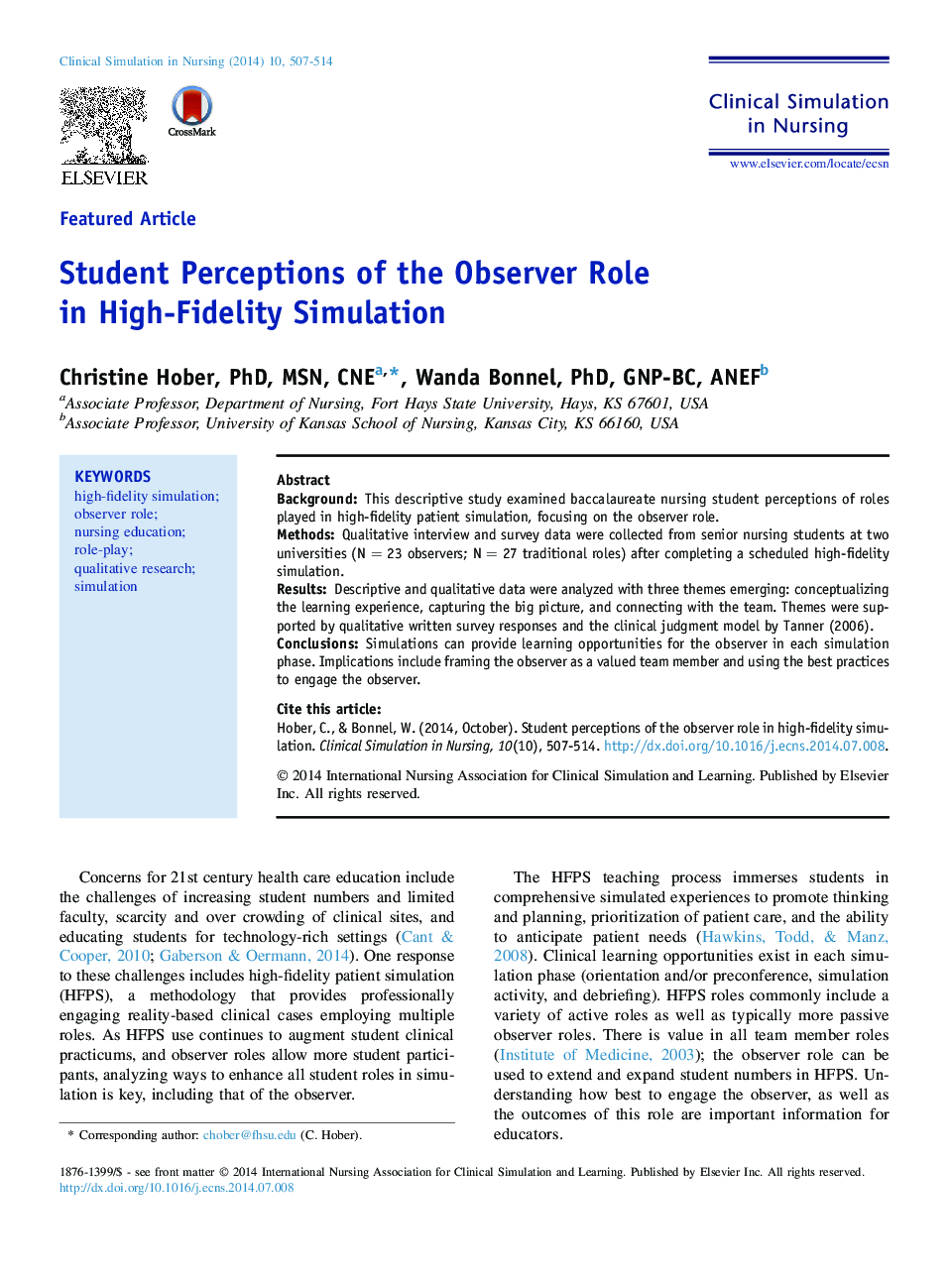 Student Perceptions of the Observer Role in High-Fidelity Simulation