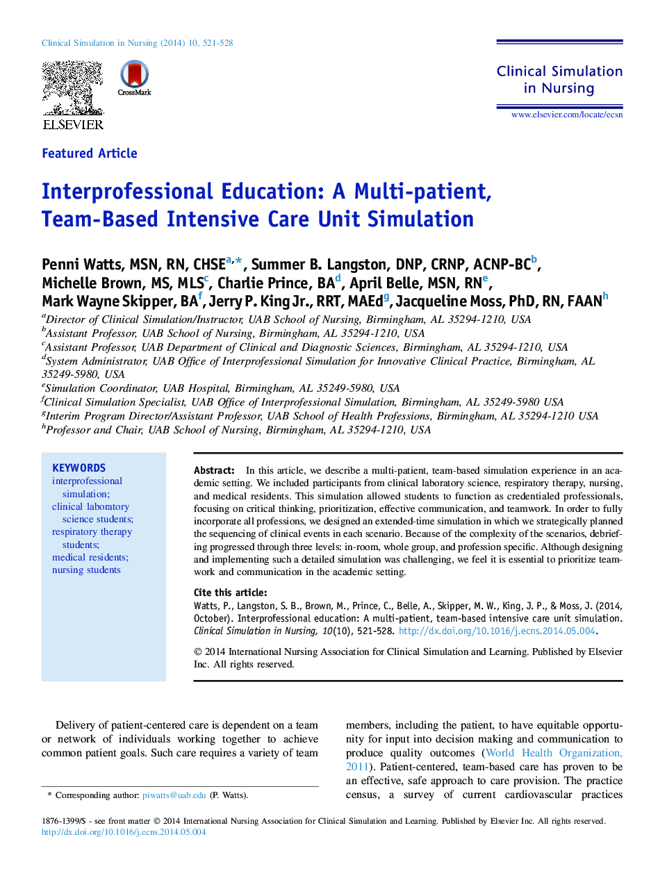 Interprofessional Education: A Multi-patient, Team-Based Intensive Care Unit Simulation