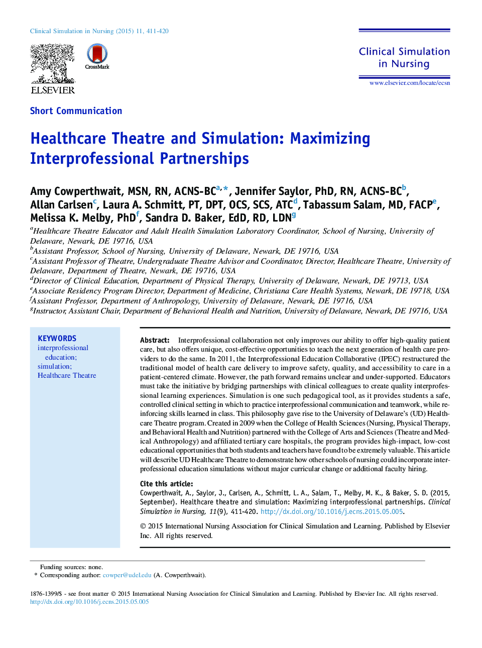 Healthcare Theatre and Simulation: Maximizing Interprofessional Partnerships 