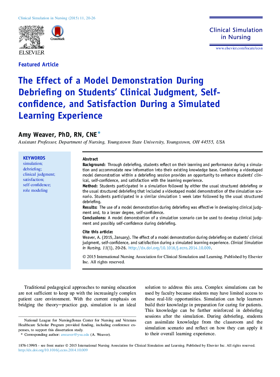 The Effect of a Model Demonstration During Debriefing on Students' Clinical Judgment, Self-confidence, and Satisfaction During a Simulated Learning Experience 