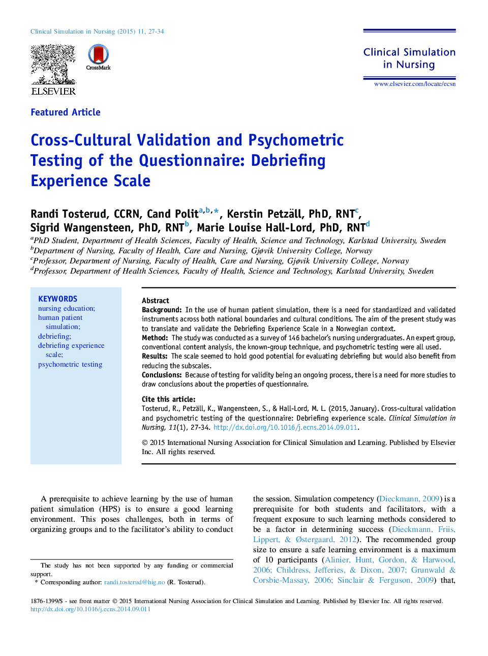Cross-Cultural Validation and Psychometric Testing of the Questionnaire: Debriefing Experience Scale 