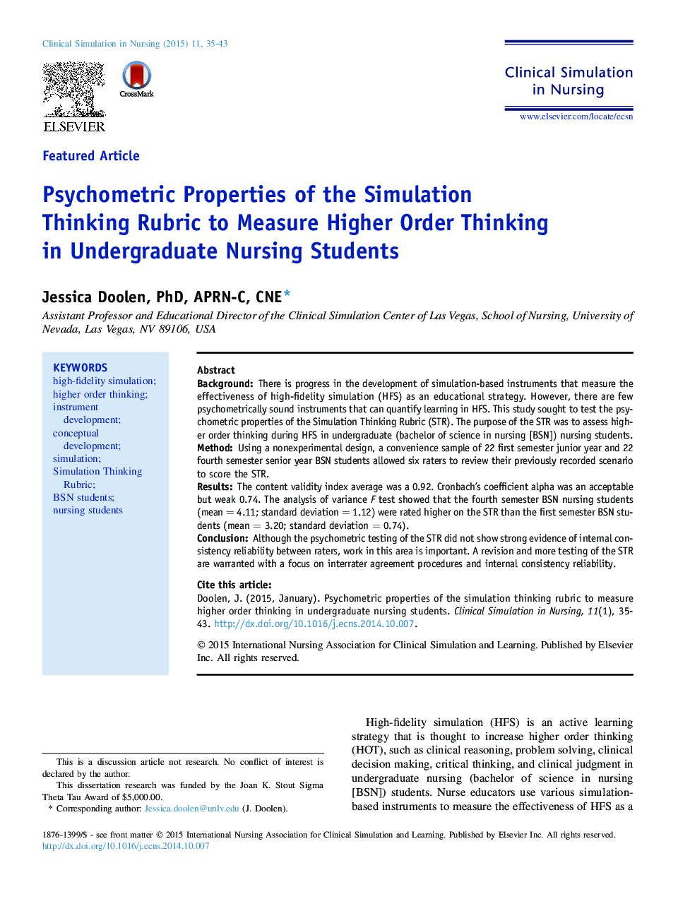 Psychometric Properties of the Simulation Thinking Rubric to Measure Higher Order Thinking in Undergraduate Nursing Students 