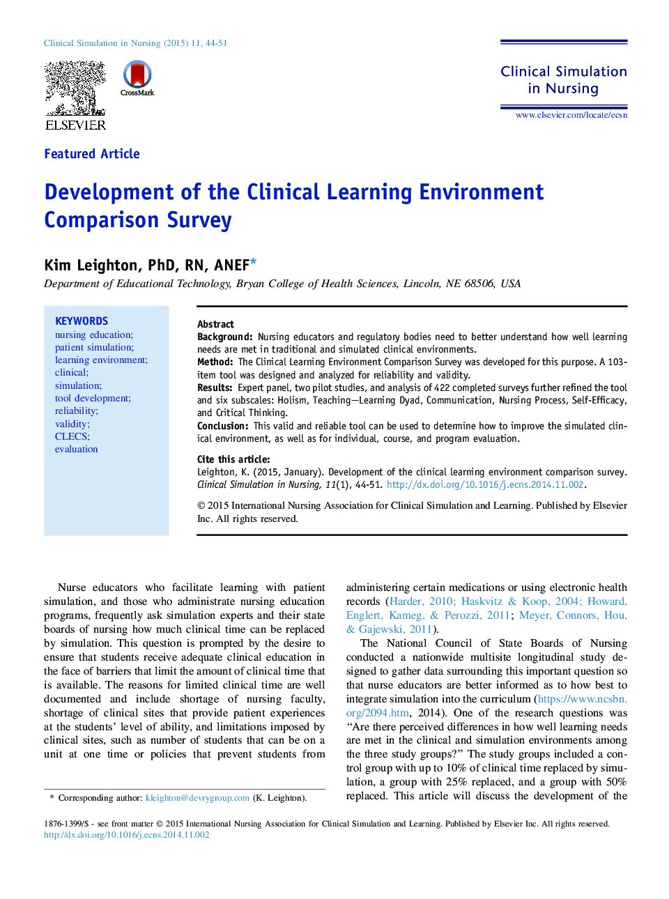 Development of the Clinical Learning Environment Comparison Survey