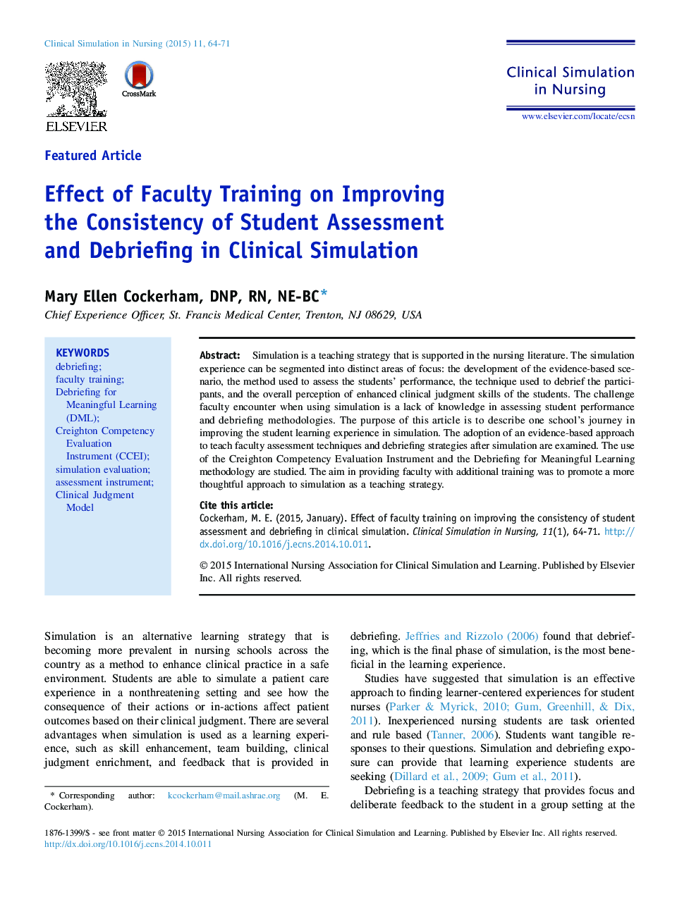 Effect of Faculty Training on Improving the Consistency of Student Assessment and Debriefing in Clinical Simulation