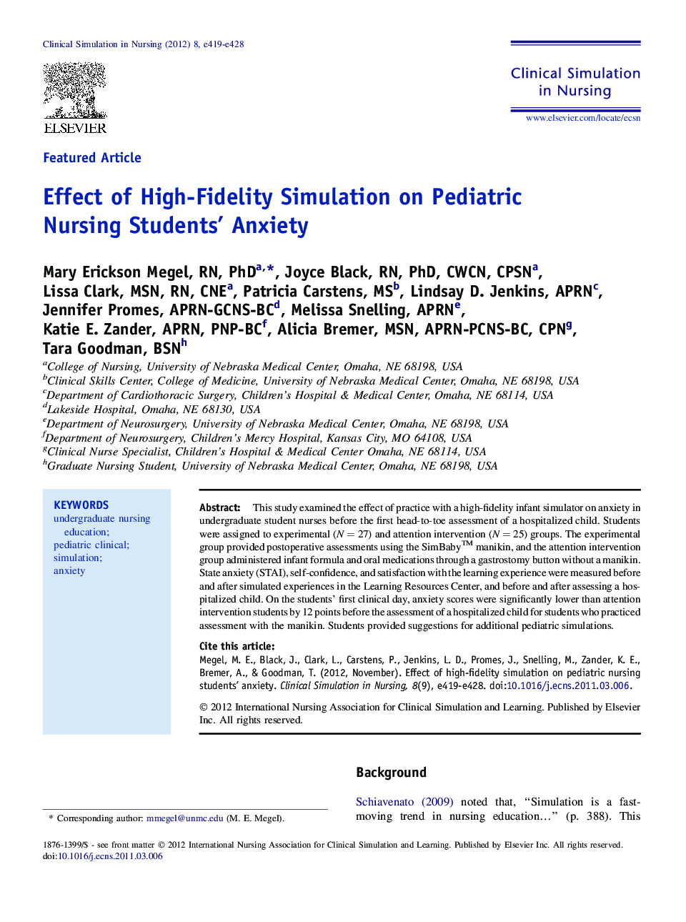 Effect of High-Fidelity Simulation on Pediatric Nursing Students’ Anxiety