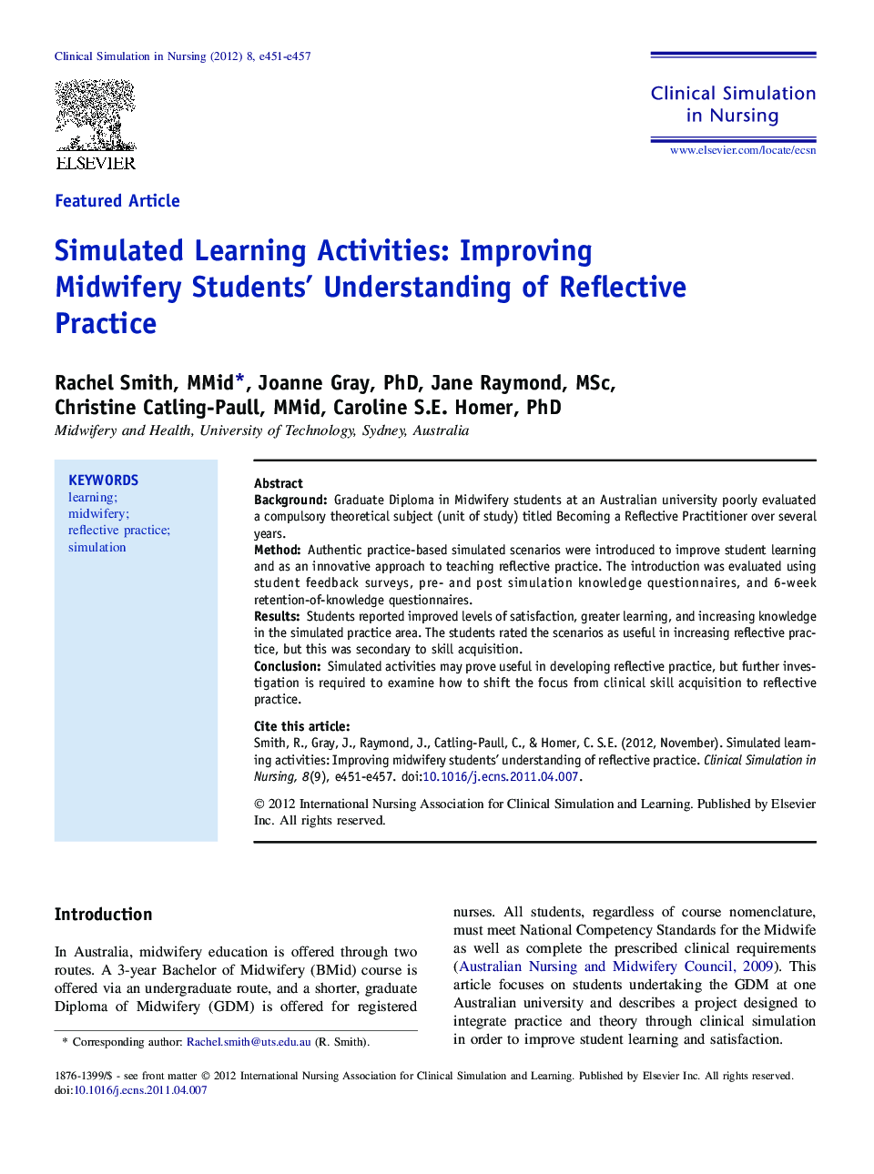 Simulated Learning Activities: Improving Midwifery Students' Understanding of Reflective Practice