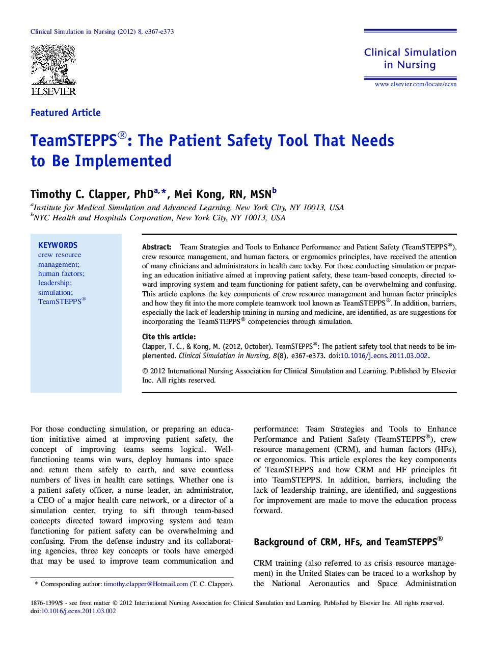 TeamSTEPPS®: The Patient Safety Tool That Needs to Be Implemented