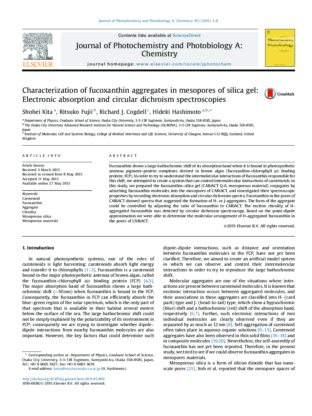 Characterization of fucoxanthin aggregates in mesopores of silica gel: Electronic absorption and circular dichroism spectroscopies