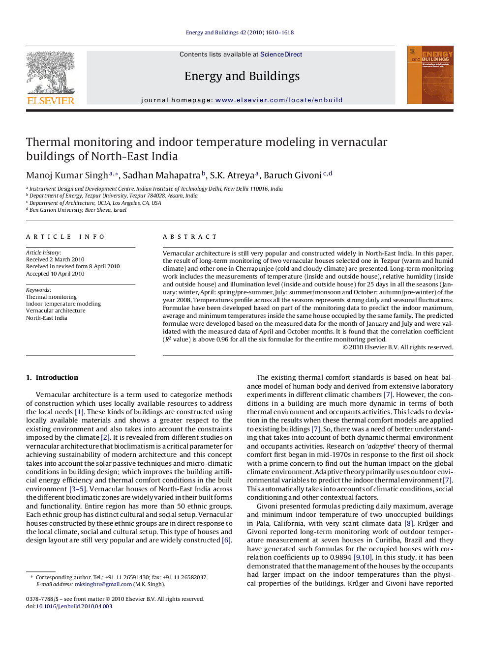 Thermal monitoring and indoor temperature modeling in vernacular buildings of North-East India