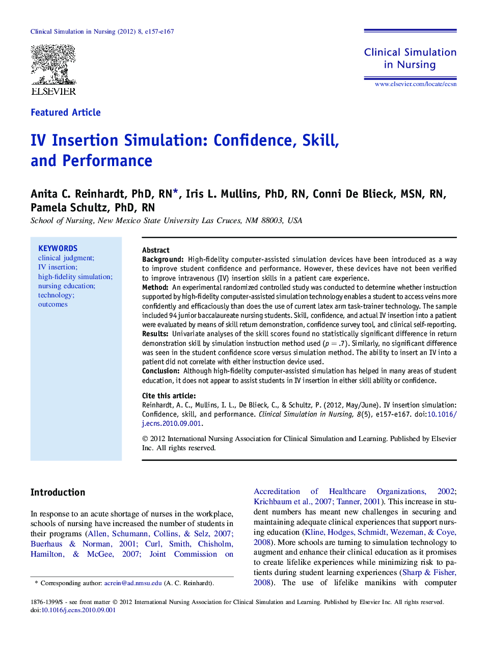 IV Insertion Simulation: Confidence, Skill, and Performance