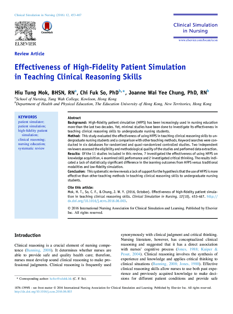 Effectiveness of High-Fidelity Patient Simulation in Teaching Clinical Reasoning Skills