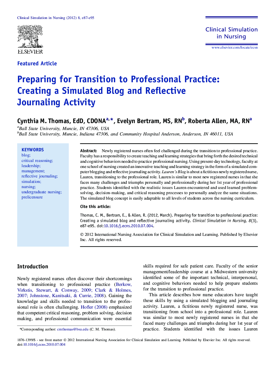 Preparing for Transition to Professional Practice: Creating a Simulated Blog and Reflective Journaling Activity