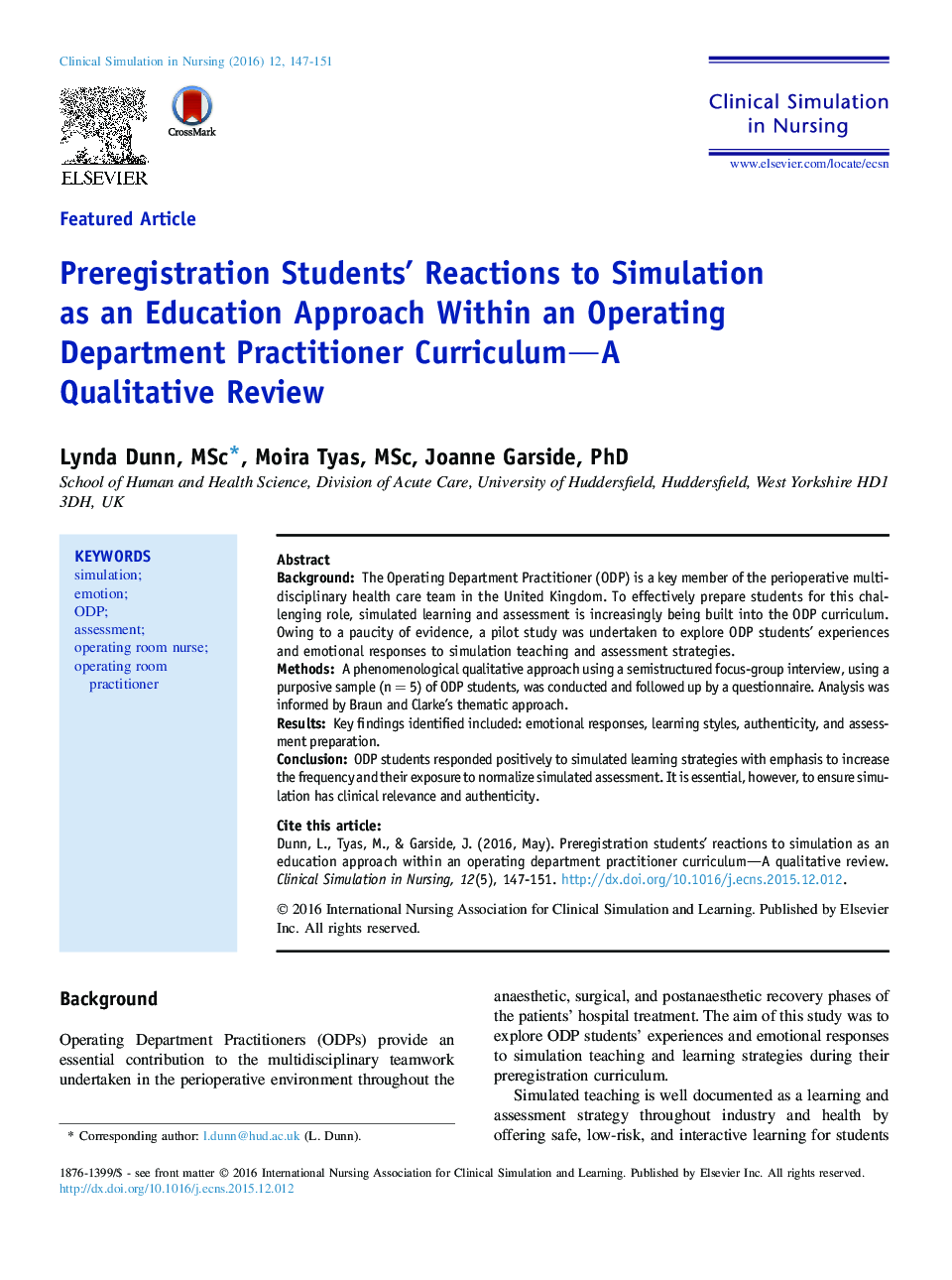 Preregistration Students' Reactions to Simulation as an Education Approach Within an Operating Department Practitioner Curriculum—A Qualitative Review