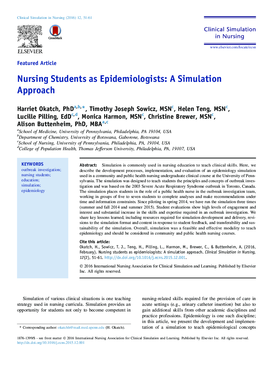 Nursing Students as Epidemiologists: A Simulation Approach