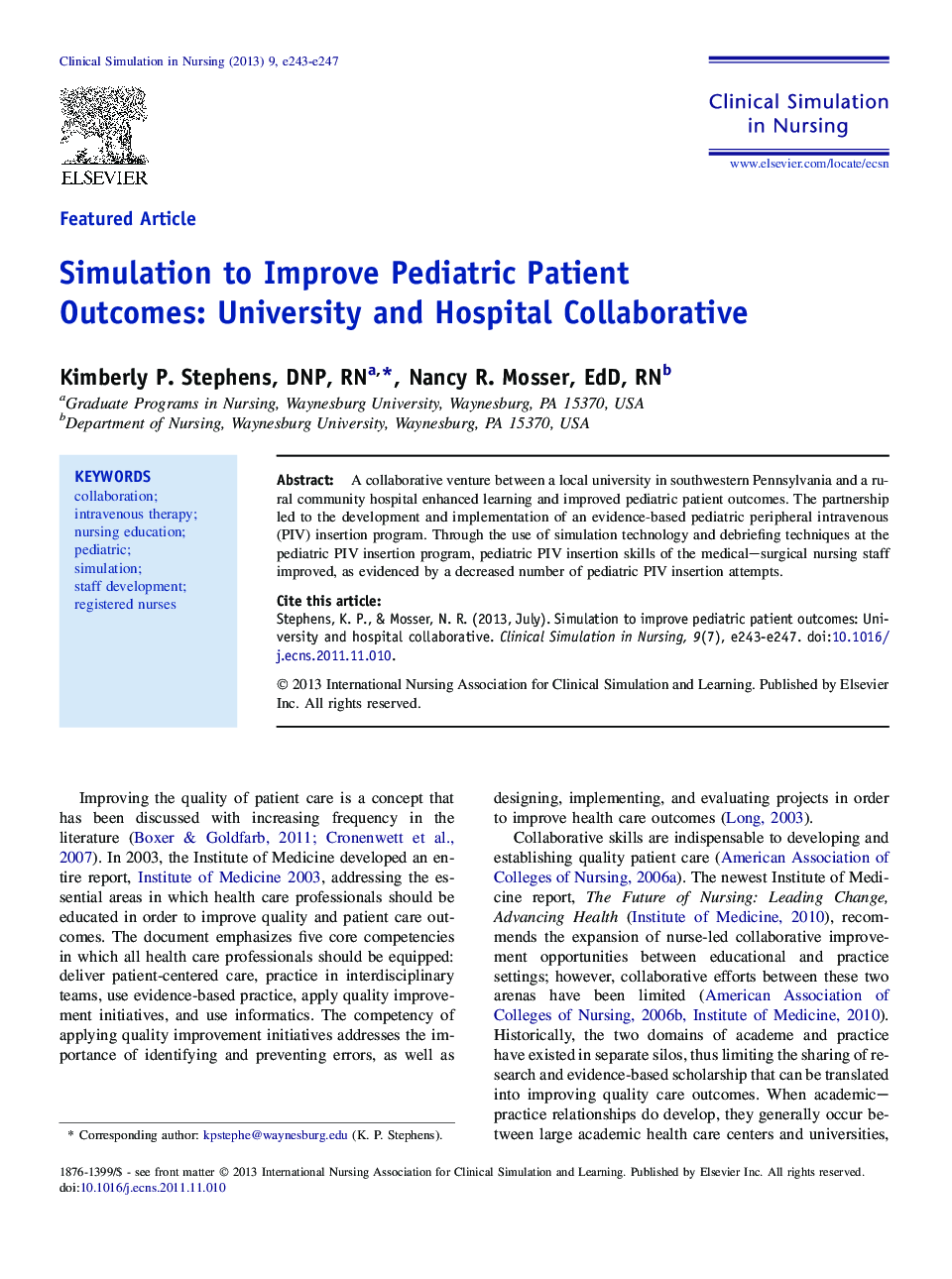 Simulation to Improve Pediatric Patient Outcomes: University and Hospital Collaborative