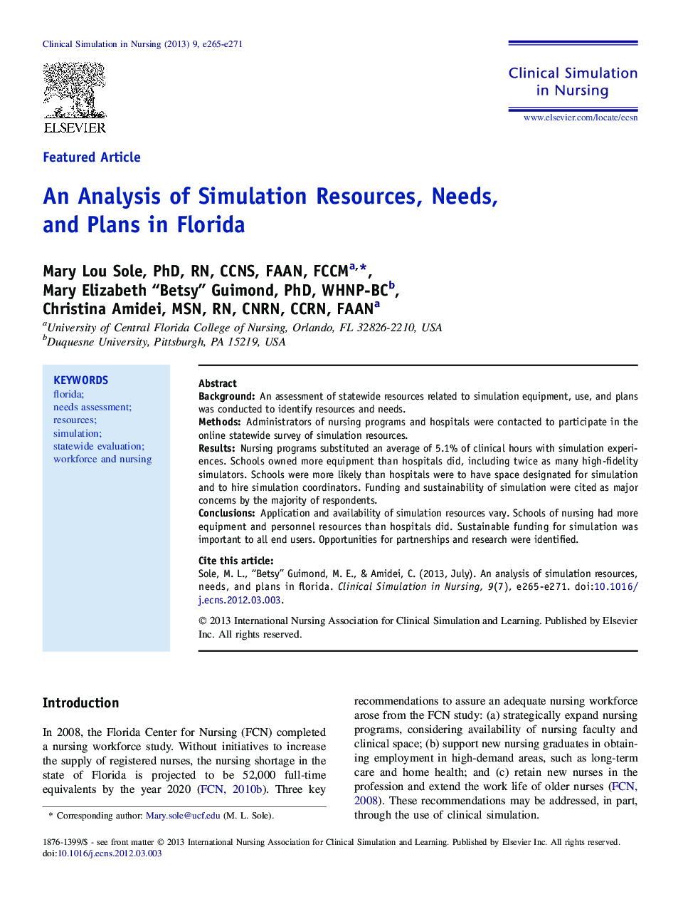 An Analysis of Simulation Resources, Needs, and Plans in Florida