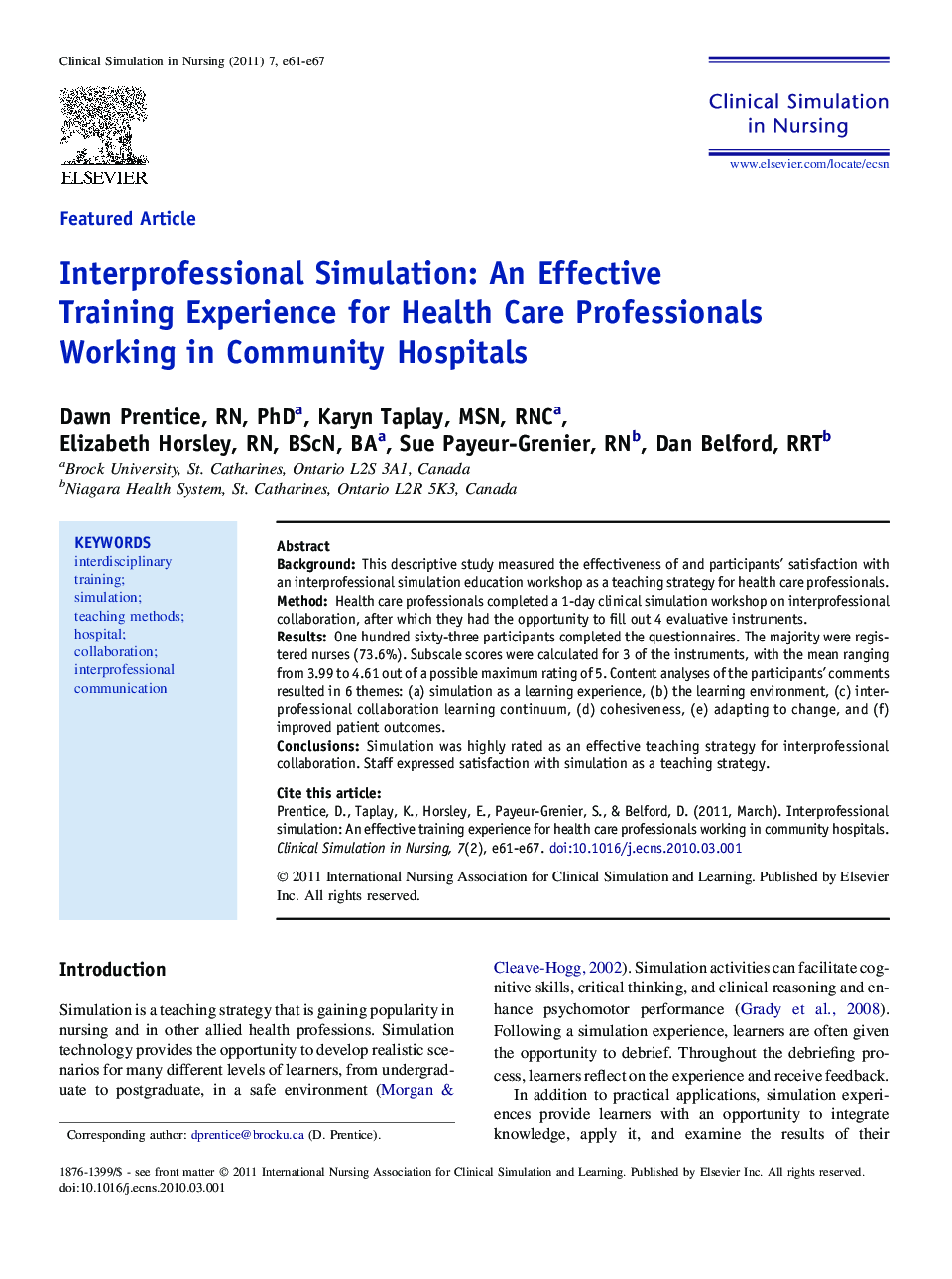 Interprofessional Simulation: An Effective Training Experience for Health Care Professionals Working in Community Hospitals 