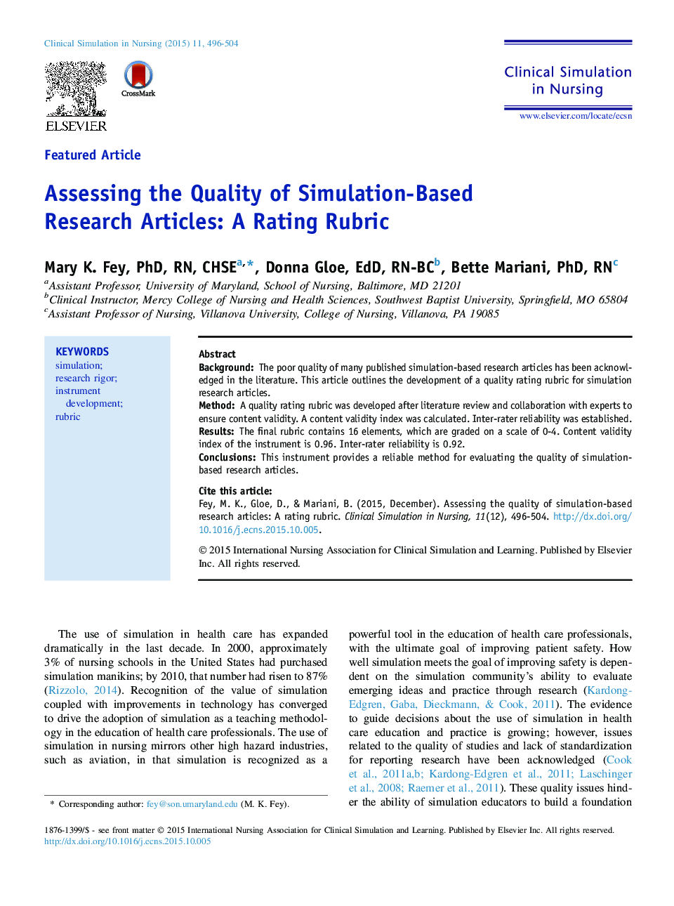 Assessing the Quality of Simulation-Based Research Articles: A Rating Rubric