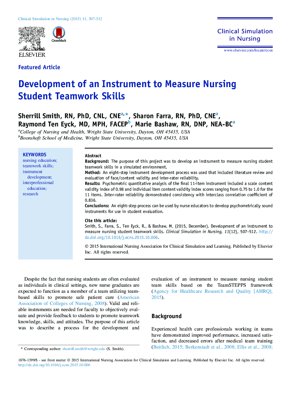 Development of an Instrument to Measure Nursing Student Teamwork Skills