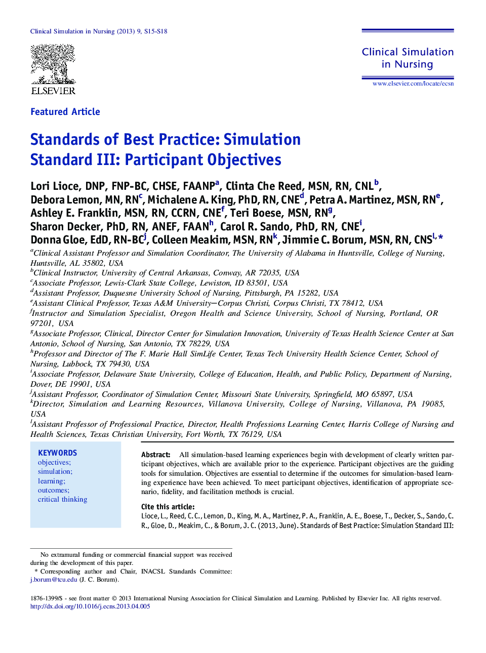 Standards of Best Practice: Simulation Standard III: Participant Objectives 