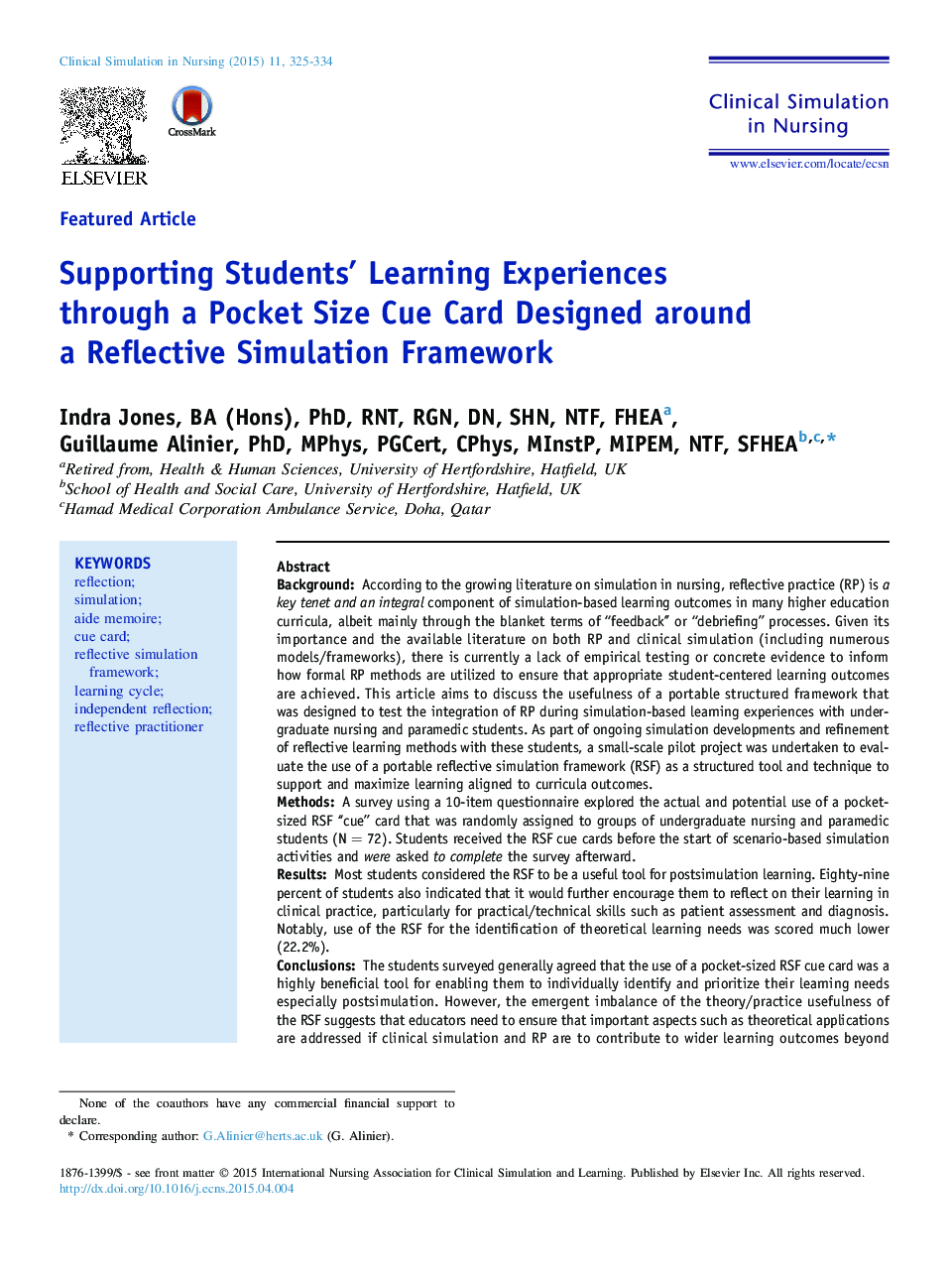 Supporting Students' Learning Experiences through a Pocket Size Cue Card Designed around a Reflective Simulation Framework 