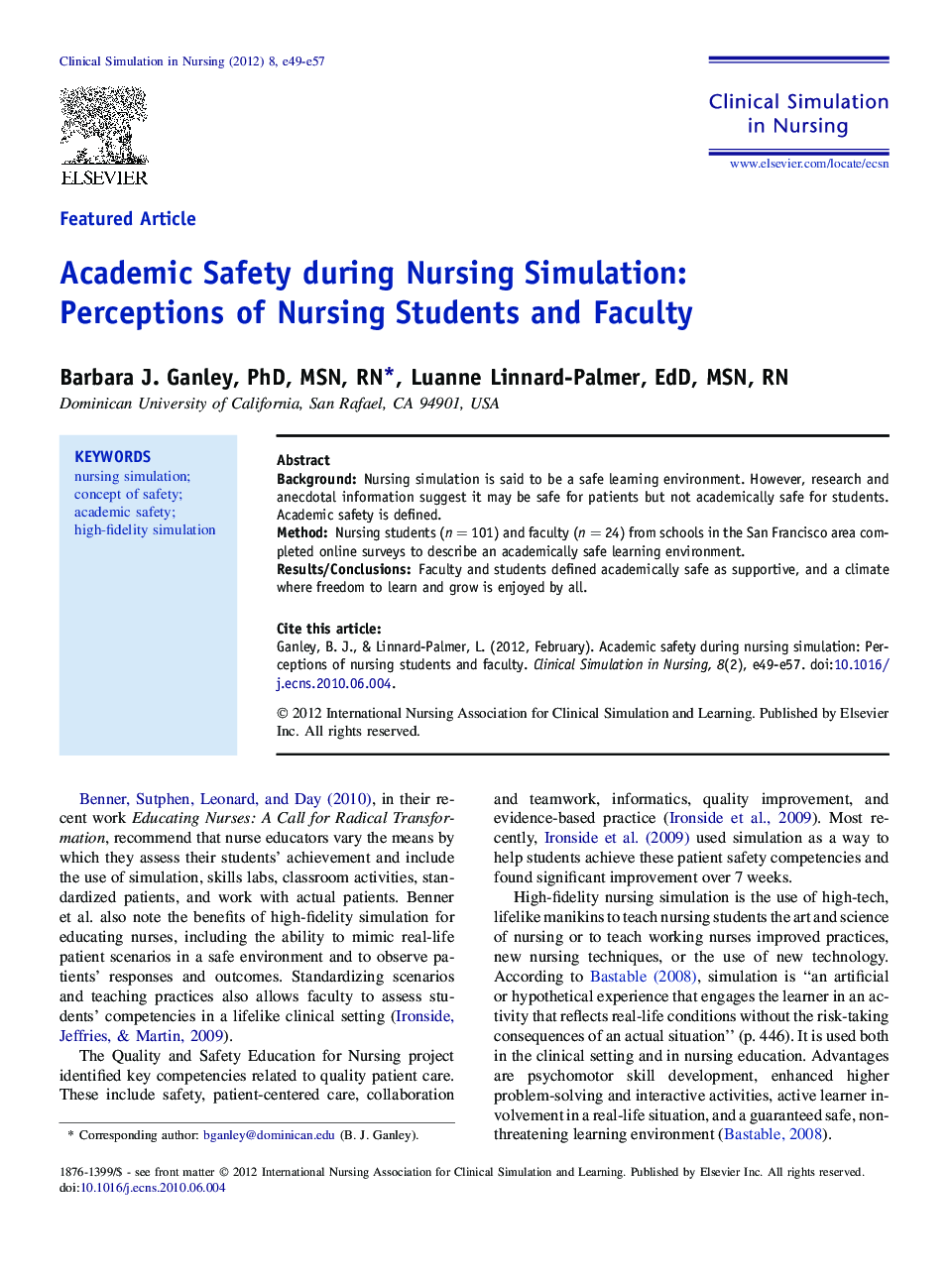 Academic Safety during Nursing Simulation: Perceptions of Nursing Students and Faculty