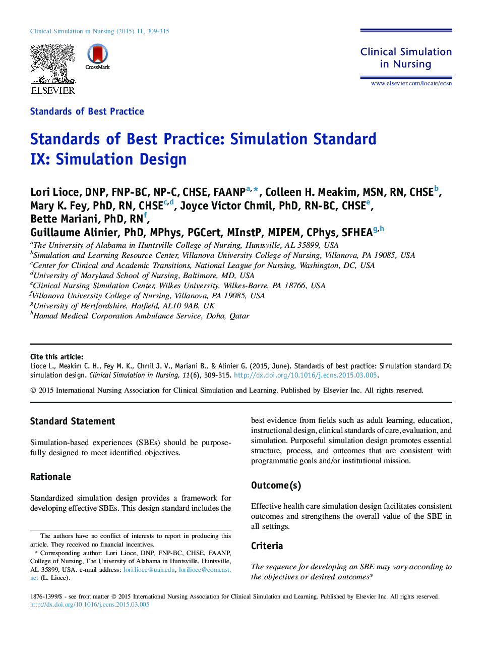 Standards of Best Practice: Simulation Standard IX: Simulation Design 
