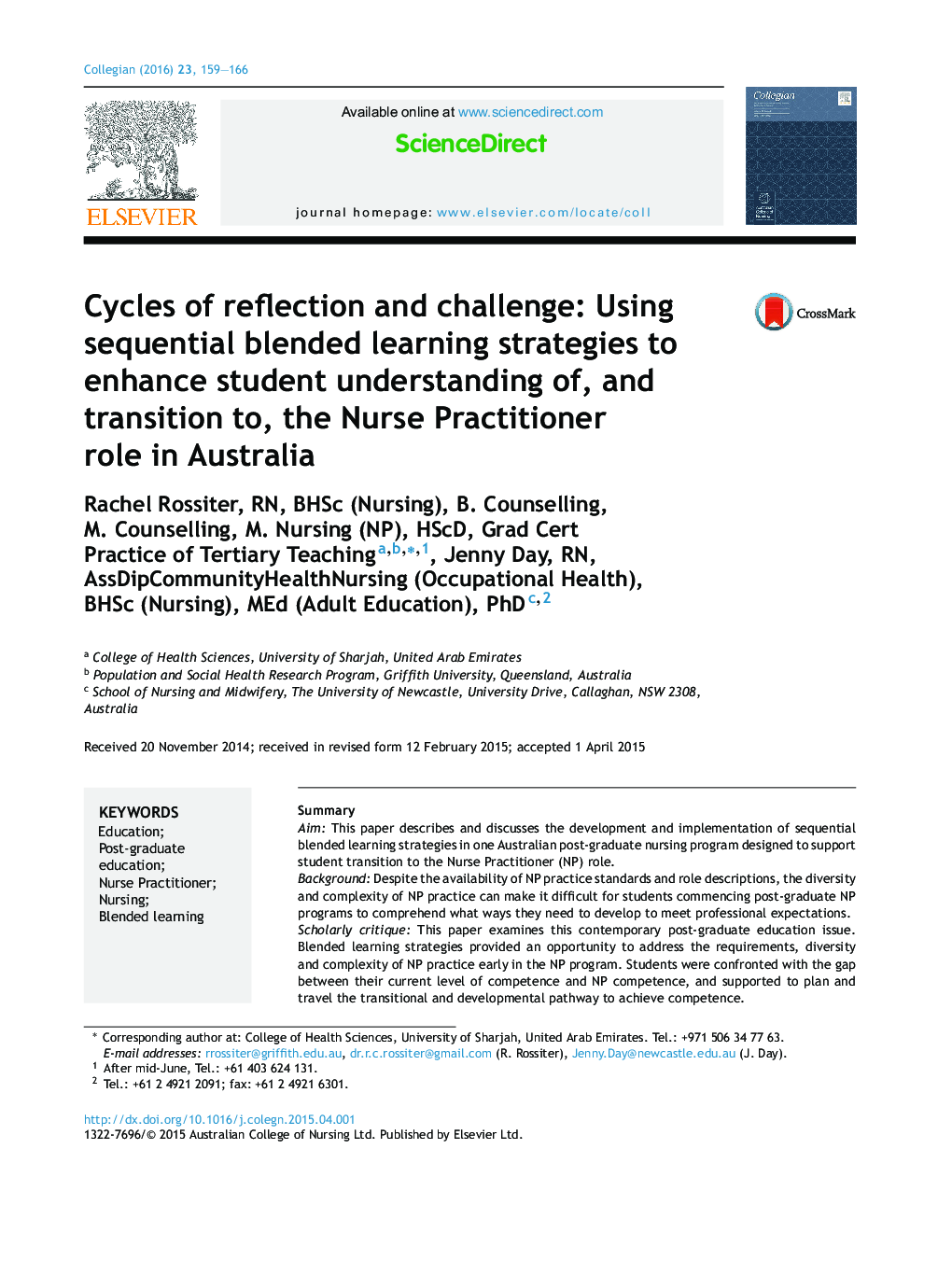 Cycles of reflection and challenge: Using sequential blended learning strategies to enhance student understanding of, and transition to, the Nurse Practitioner role in Australia