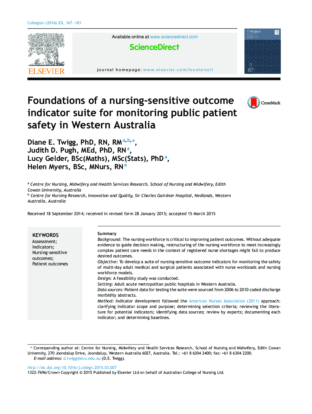 Foundations of a nursing-sensitive outcome indicator suite for monitoring public patient safety in Western Australia
