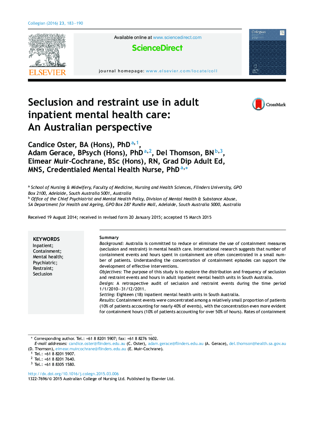 Seclusion and restraint use in adult inpatient mental health care: An Australian perspective