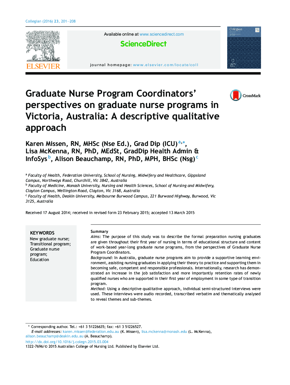 Graduate Nurse Program Coordinators’ perspectives on graduate nurse programs in Victoria, Australia: A descriptive qualitative approach