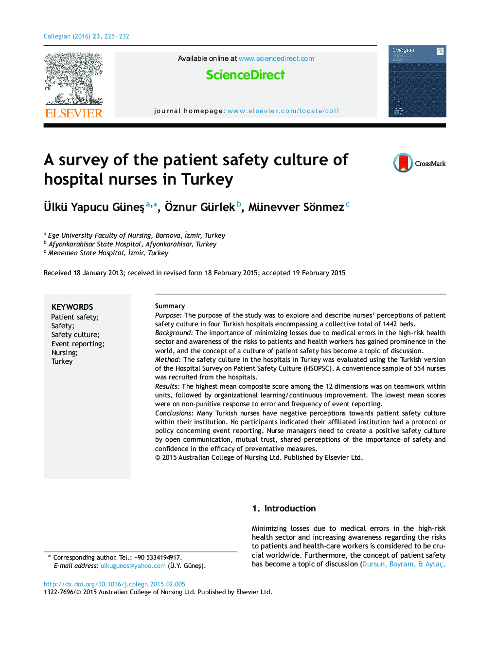 A survey of the patient safety culture of hospital nurses in Turkey