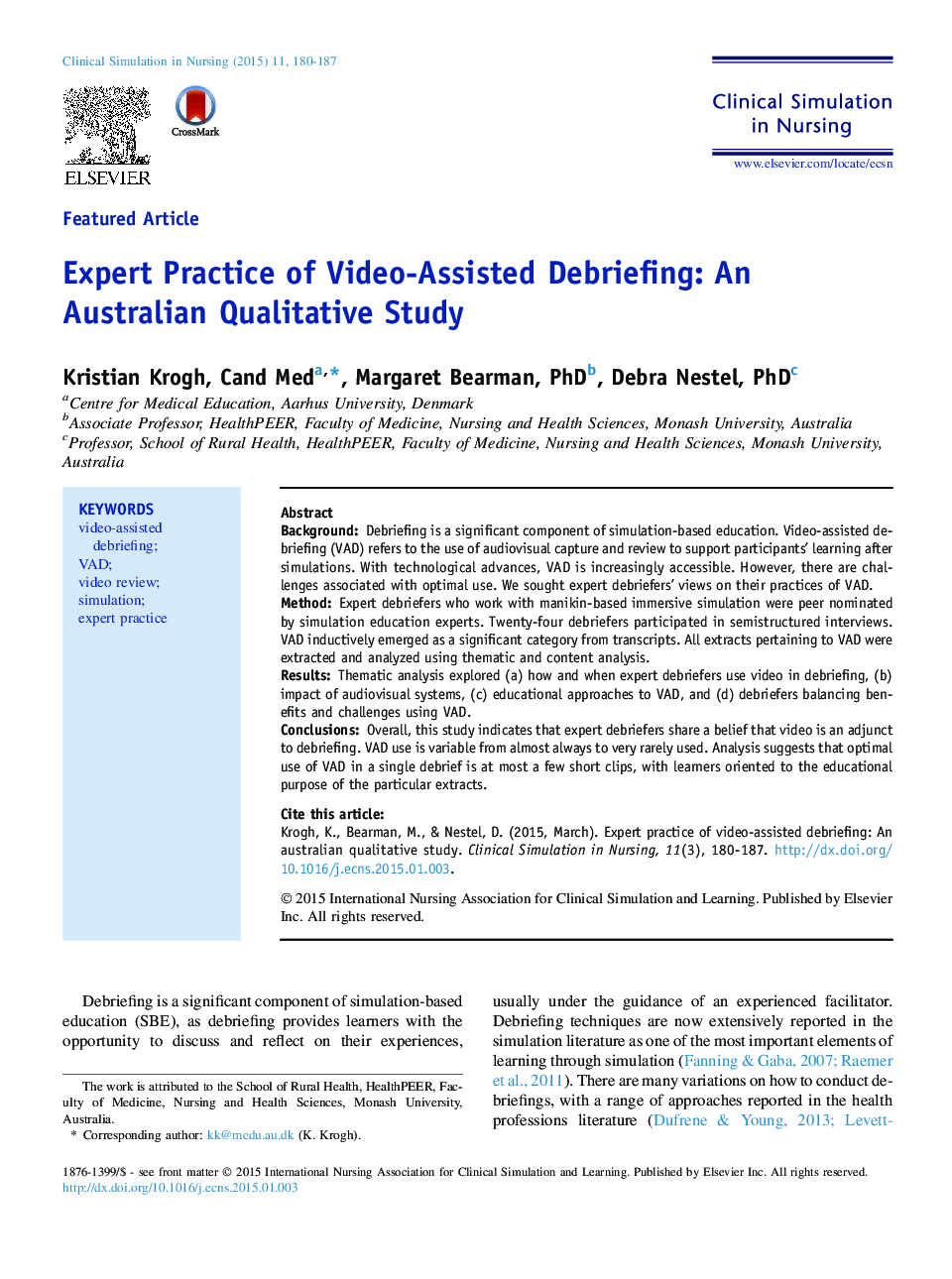 Expert Practice of Video-Assisted Debriefing: An Australian Qualitative Study 