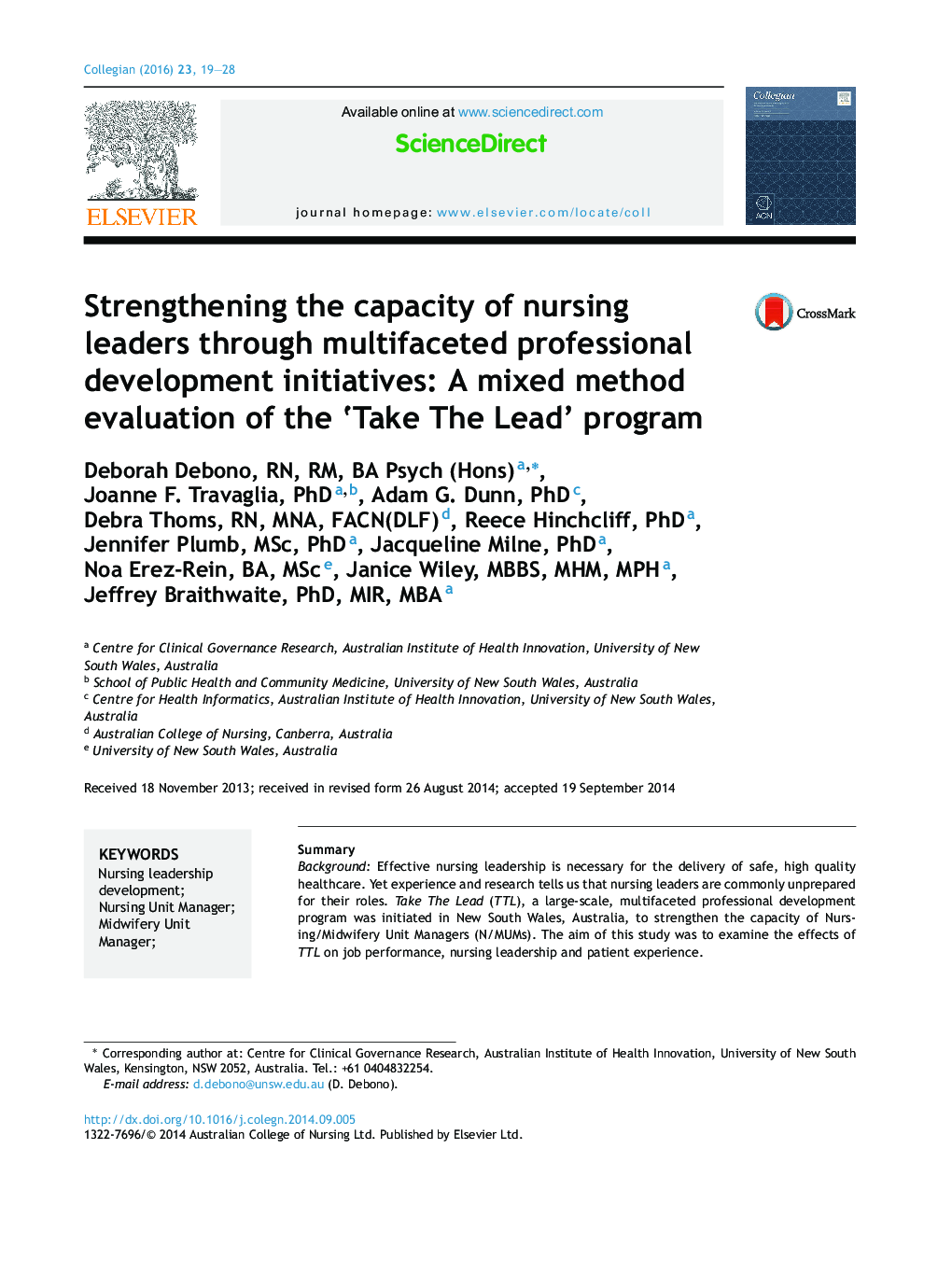 Strengthening the capacity of nursing leaders through multifaceted professional development initiatives: A mixed method evaluation of the ‘Take The Lead’ program
