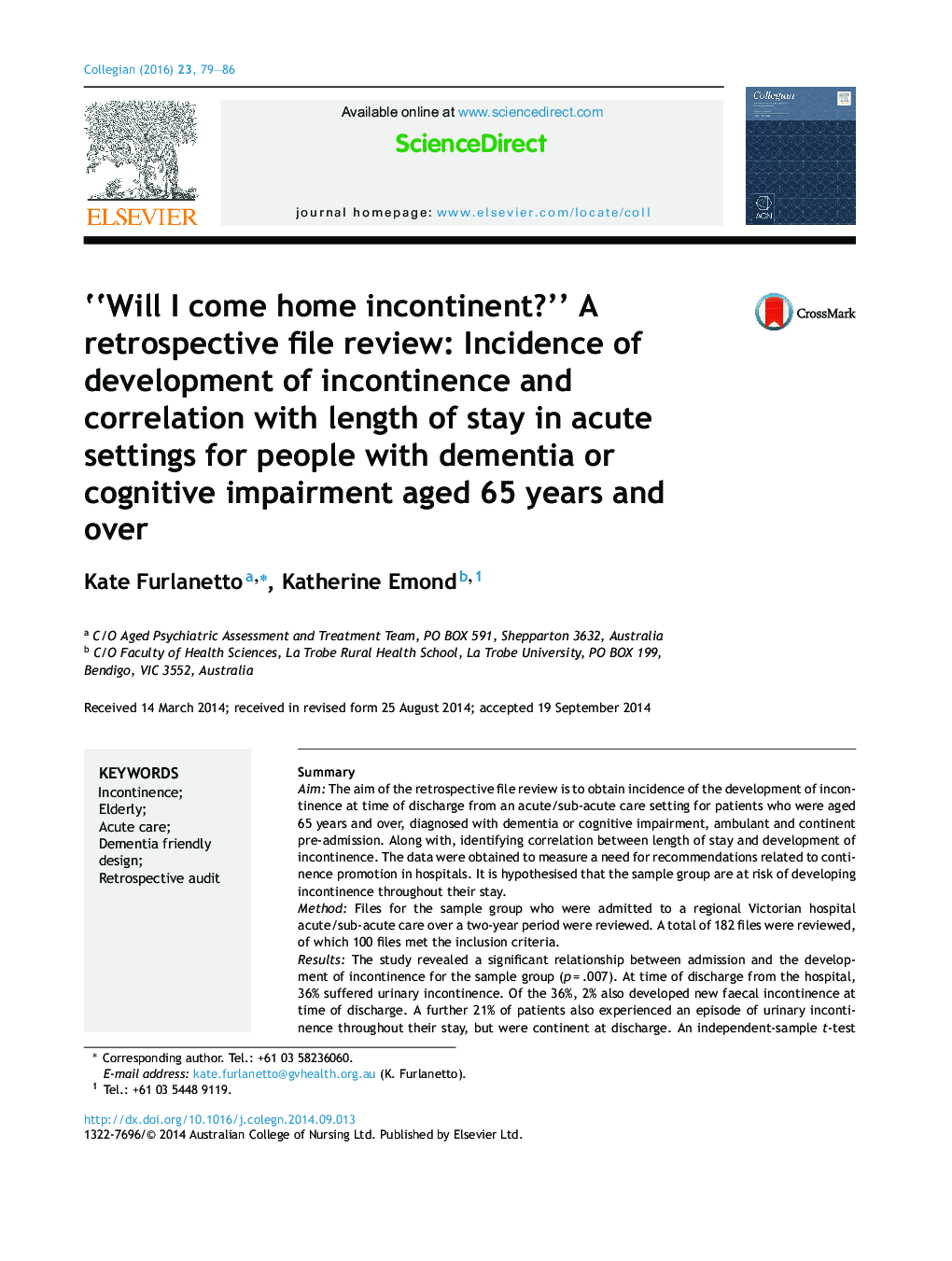 “Will I come home incontinent?” A retrospective file review: Incidence of development of incontinence and correlation with length of stay in acute settings for people with dementia or cognitive impairment aged 65 years and over