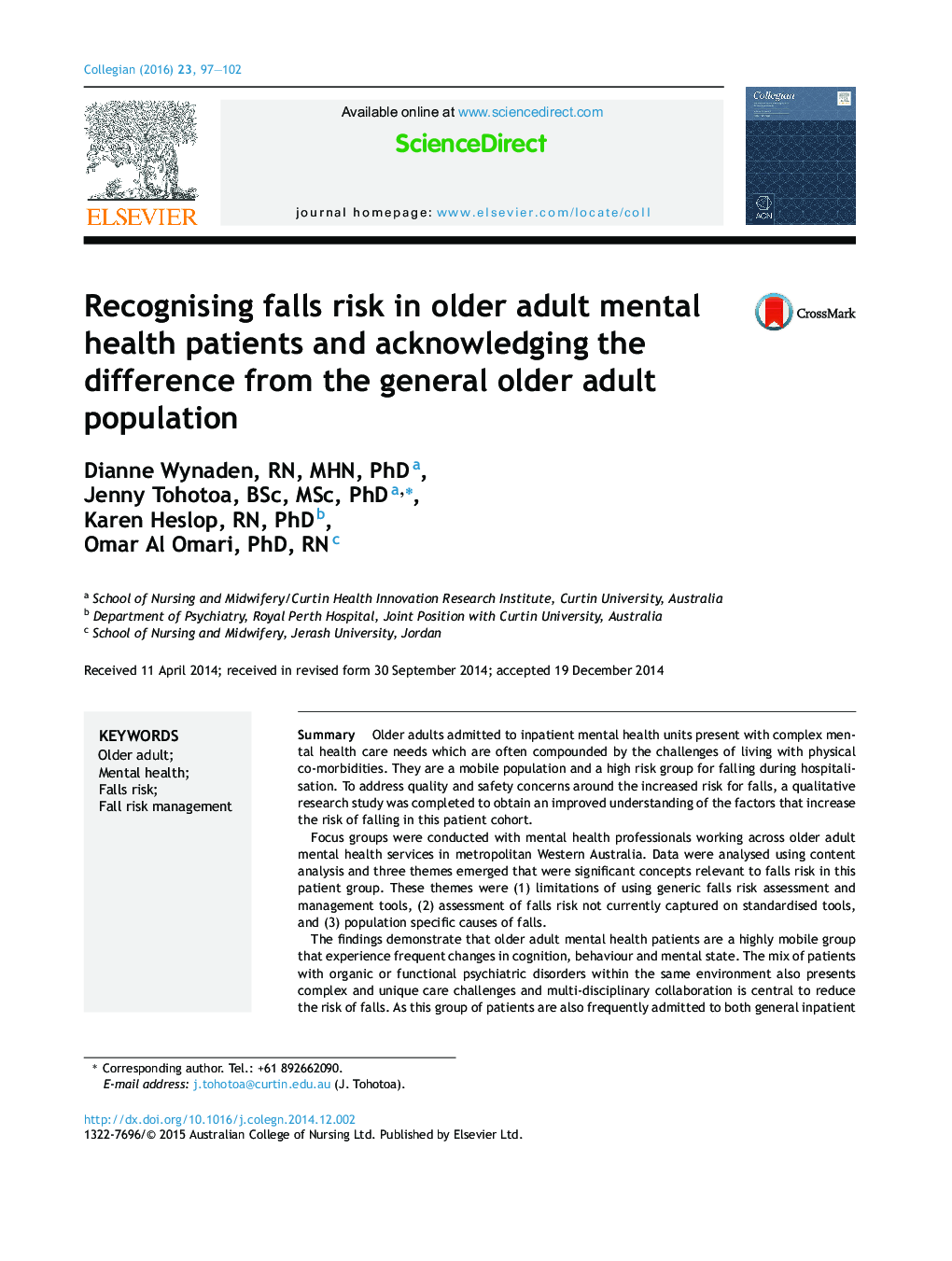 Recognising falls risk in older adult mental health patients and acknowledging the difference from the general older adult population