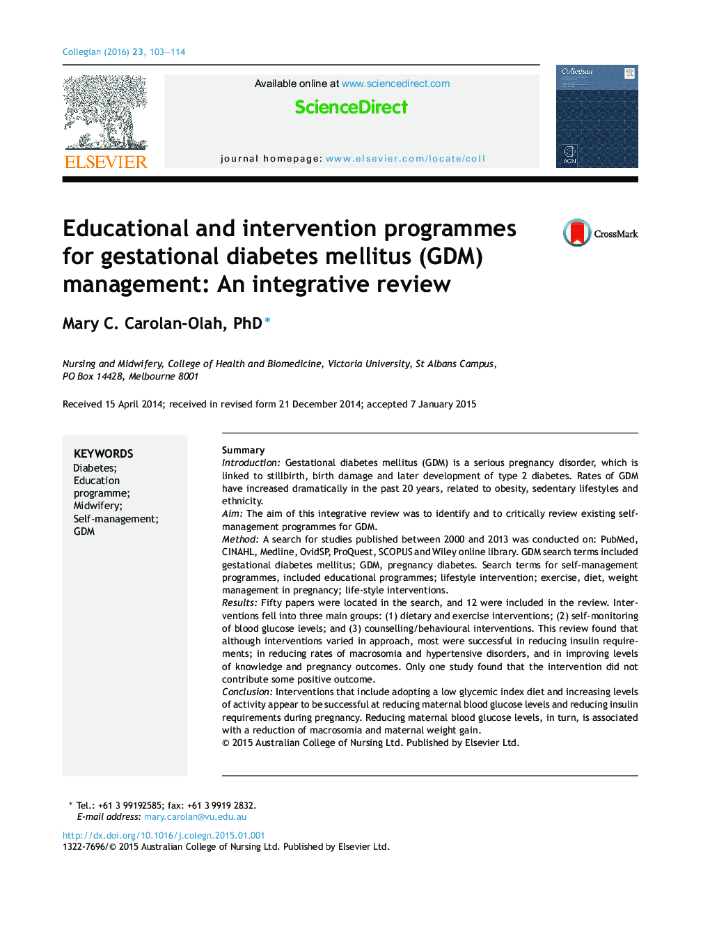 Educational and intervention programmes for gestational diabetes mellitus (GDM) management: An integrative review